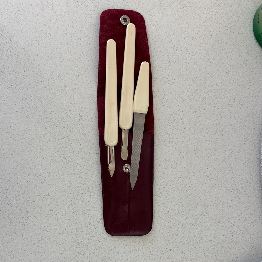 Vintage Women's Manicure Set with Ivory Handles in Burgundy Case